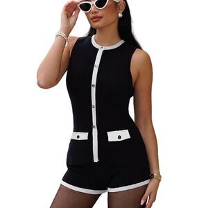Black Chic Sleeveless Cardigan 2 Piece Set Contrast Trim Button Down Shorts Outf